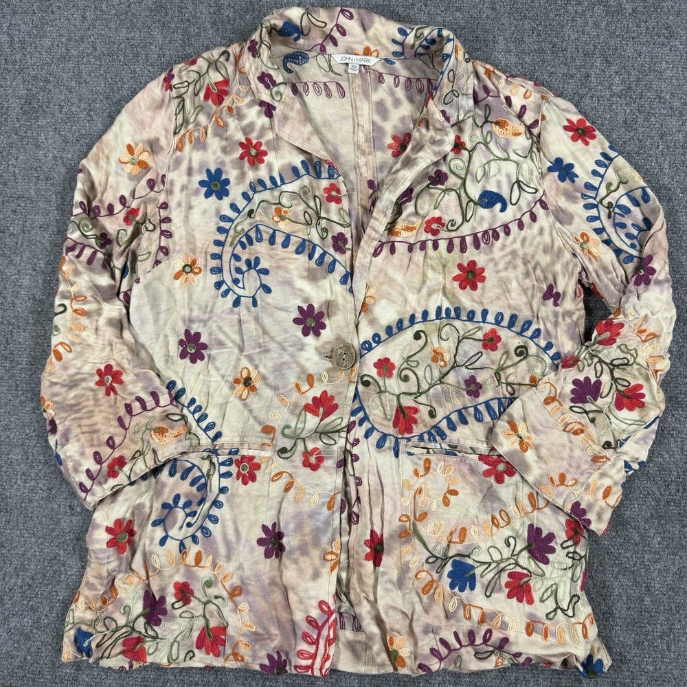 John Mark Blazer Jacket XS Floral Embroidered Rayon Boho Colorful